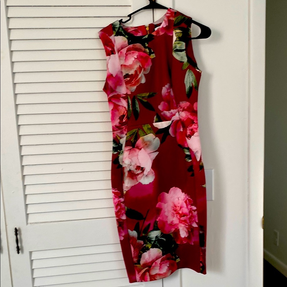 Calvin Klein Red and Pink Sheath Midi Dress with Sleeveless Design and Crew Neck